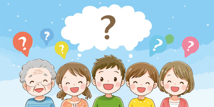 Ilustraci&oacute;n de un grupo diverso de personas sonrientes con burbujas de pensamiento y signos de interrogaci&oacute;n sobre sus cabezas, representando curiosidad o preguntas.