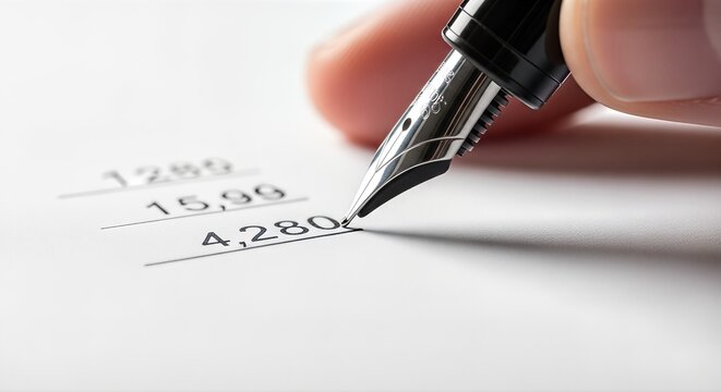 Close-up of a person's hand holding a classic fountain pen, making calculations on a financial document. Bright lighting emphasizes precision and detail.