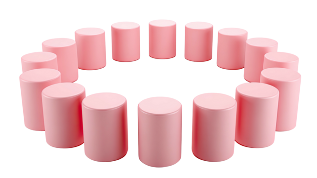 Pink cylinders arranged in a circle with a black background