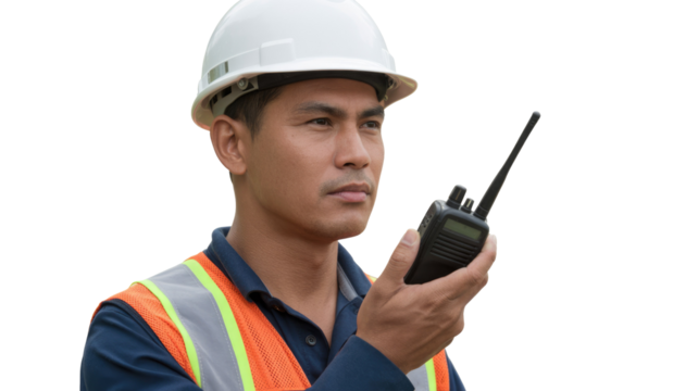 A focused male construction worker in a hard hat and safety vest holds a walkie-talkie, looking off into the distance, ready to communicate. background removed