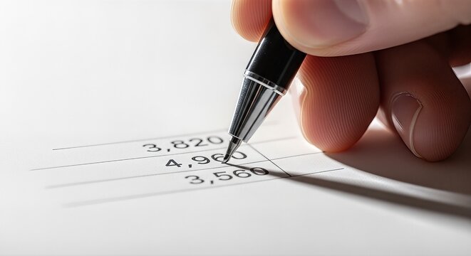 Close-up of a hand holding a pen over a document with numbers, indicating financial analysis or accounting tasks. Bright lighting emphasizes detail and precision.