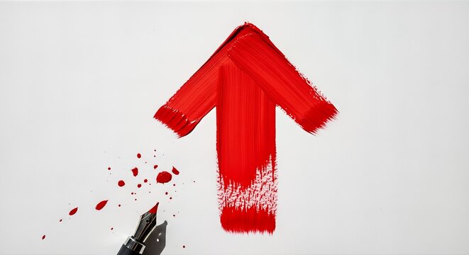 A vibrant red arrow, painted with visible brushstrokes, points upward on a clean white surface. A fountain pen and scattered red ink splatters are nearby, suggesting creation and progress.
