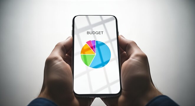 Close-up of hands holding a smartphone showing a colorful budget pie chart against a bright background with subtle shadows. Represents modern financial planning and management.