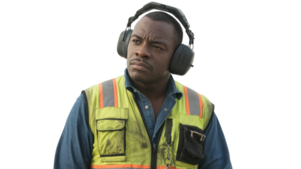 A serious Black man wearing industrial hearing protection and a dirty high-visibility safety vest looks contemplatively to the side, against a transparent background. background removed