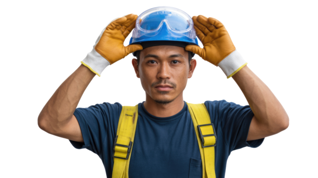 Young male construction worker adjusting hard hat and goggles, equipped with safety harness, ready for site work. background removed