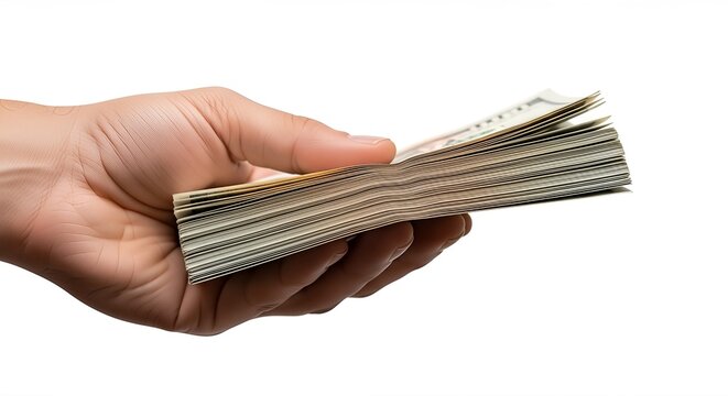 A close-up shot of a person's hand holding a substantial stack of cash, likely US dollars, against a clean white background. Conveys wealth, payment, and finance.
