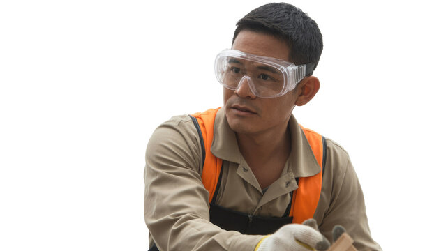 Focused Asian worker in safety goggles and orange vest, holding material, emphasizing workplace safety and skilled labor. background removed