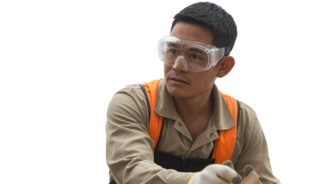 Focused Asian worker in safety goggles and orange vest, holding material, emphasizing workplace safety and skilled labor. background removed
