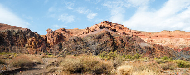 Contrasting ecosystems - lush steppe grasslands and arid, sculpted canyon networks in Kazakhstan
