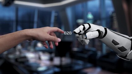 A modern representation of B2B technology showcasing a robot arm and human hand reaching for connection amidst advanced business graphics in a stylish office. Auvana - Powered by Adobe