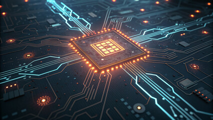 Neural network diagram central processor glowing circuit board with illuminated traces and electronic components in closeup showcasing chipset architecture and data flow