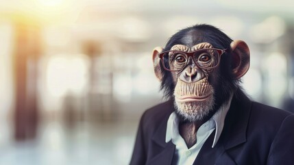 A chimpanzee wearing glasses and a suit sits in an office environment. The background is blurred, emphasizing the chimp's serious expression and attire.