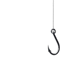 Polished metal hook hangs on a slender string, dark background