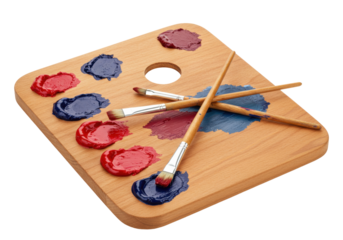 Isolated paint palette with blue, red and burgundy colors with paintbrushes at an angle