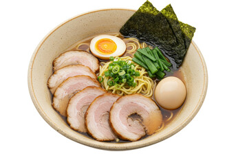 Isolated bowl of Japanese ramen soup with noodles, pork, egg, scallions and nori seaweed