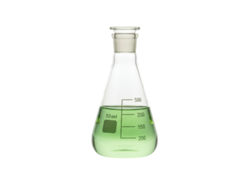 Isolated Erlenmeyer flask containing green liquid for scientific laboratory research