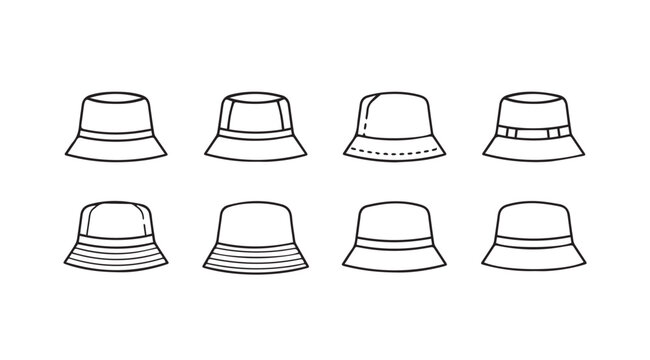 Collection of eight distinct bucket hat silhouettes in a simple line drawing style silhouette