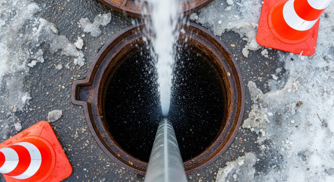 Clean water access maintenance crew flushing municipal sewer line in winter with traffic cone safety and icy pavement providing urgent civic infrastructure care