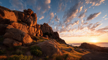 Rocky landscape at sunset with glowing formations, grassy terrain
