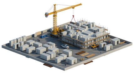 Isometric construction site where a crane lifts pre-fabricated concrete modules to build a structure. Workers, scaffolding, and materials are actively depicted. background removed