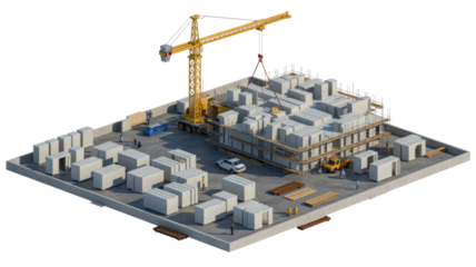 Isometric construction site where a crane lifts pre-fabricated concrete modules to build a structure. Workers, scaffolding, and materials are actively depicted. background removed