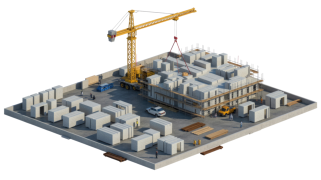 Isometric construction site where a crane lifts pre-fabricated concrete modules to build a structure. Workers, scaffolding, and materials are actively depicted. background removed - Powered by Adobe