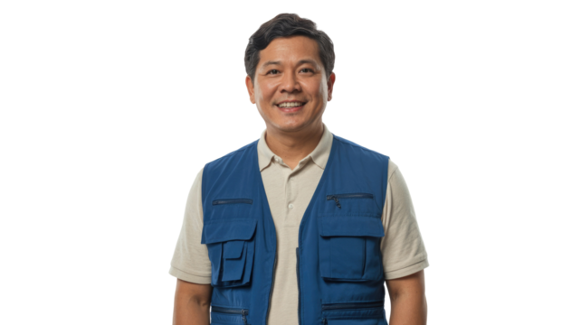 A friendly, smiling Asian man in a blue multi-pocket utility vest over a beige polo shirt, looking at the camera. background removed