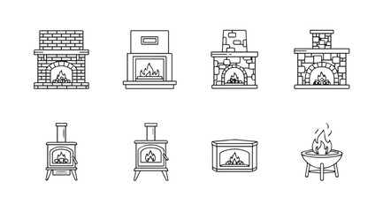 Collection of eight different fireplace and stove silhouette icons for cozy home interiors