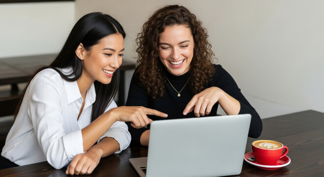 Two women laptop coffee coworking nomad digital community remote work smiling collaboration learning networking support mentorship empowerment productivity modern office casual professional