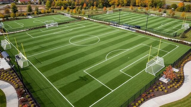 Green Fields of Competition: A bird's-eye perspective captures a complex of multiple immaculate soccer fields, poised for the intensity of competition.