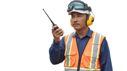 Focused male worker in safety gear: hard hat, goggles, ear protection, reflective vest, holding a walkie-talkie. background removed