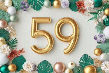 Golden Number 59 Surrounded by Festive Floral and Leaf Decorations