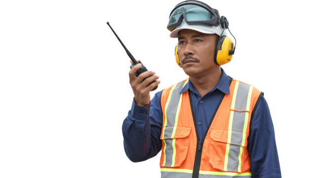 Focused male worker in safety gear: hard hat, goggles, ear protection, reflective vest, holding a walkie-talkie. background removed