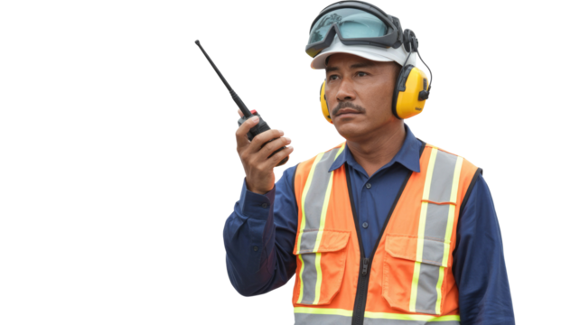 Focused male worker in safety gear: hard hat, goggles, ear protection, reflective vest, holding a walkie-talkie. background removed