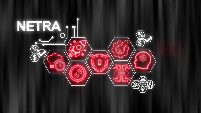 NETRA digital technology infographic with glowing red icons and data streams on a dark blurred background