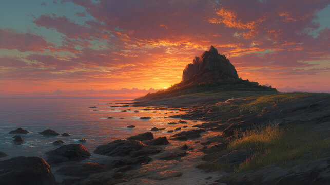 sunset with rocky hill, vibrant sky colors and calm water