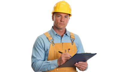 Fototapeta premium A serious male construction worker or inspector in a yellow hard hat and apron, diligently writing on a clipboard with a pen. background removed
