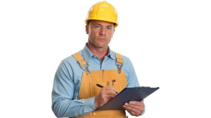 A serious male construction worker or inspector in a yellow hard hat and apron, diligently writing on a clipboard with a pen. background removed