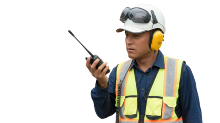 Focused male worker in hard hat, ear protection, and high-vis vest, holding a walkie-talkie for communication. background removed