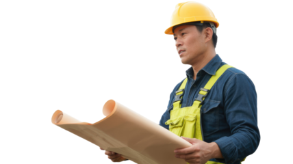An Asian construction worker in a yellow hard hat and safety harness intently reviews a rolled blueprint or plan on a job site. background removed