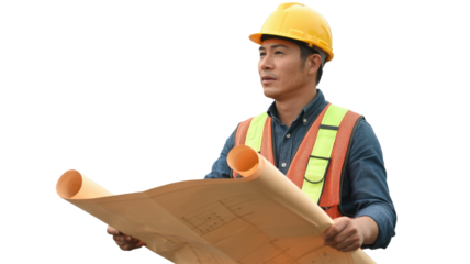 Focused Asian engineer in hard hat and safety vest reviews blueprints, overseeing project plans with careful inspection. background removed