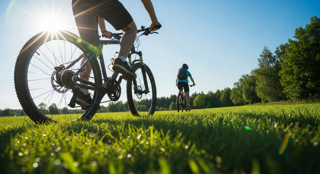 Cyclist in sunlight nomad digital community riding bicycle on grassy field with backpack and helmet enjoying outdoor fitness and nature