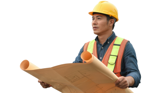 Focused Asian engineer in hard hat and safety vest reviews blueprints, overseeing project plans with careful inspection. background removed