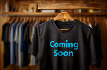 Modern fashion promotion visual black t-shirt mockup with blue coming soon text, hanging on wooden rack, shot as flat lay for online retailers who need clean template to announce new product.