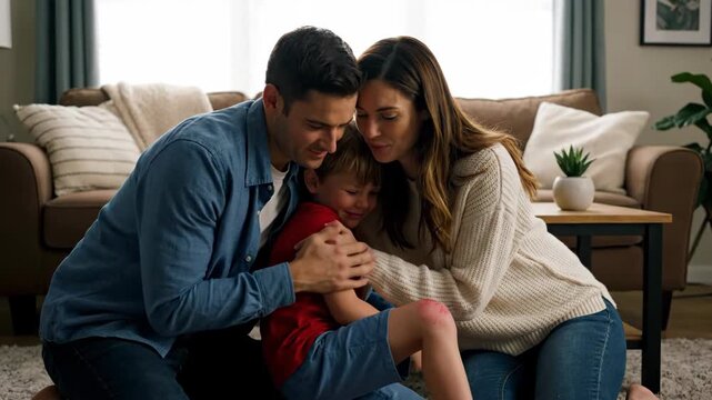 Parents consoling young son with injured leg at home