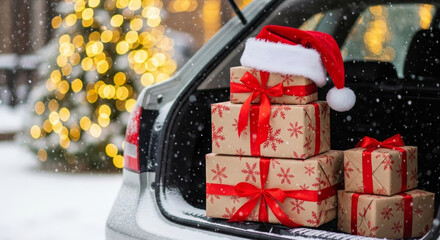 Christmas shopping list and family prepare new year gifts in snowy car trunk with wrapped present and santa hat evoking cozy joyful holiday spirit