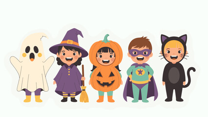Adorable cartoon children in a row, dressed in various Halloween costumes: ghost, witch, pumpkin, superhero, and black cat, smiling and ready for t...