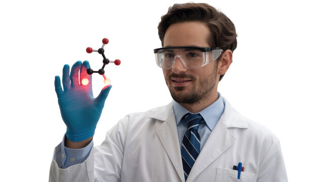 Smiling scientist in lab coat and safety glasses holds a glowing molecular model, symbolizing chemical research, innovation, and scientific discovery. background removed - Powered by Adobe