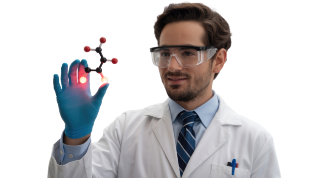 Smiling scientist in lab coat and safety glasses holds a glowing molecular model, symbolizing chemical research, innovation, and scientific discovery. background removed - Powered by Adobe