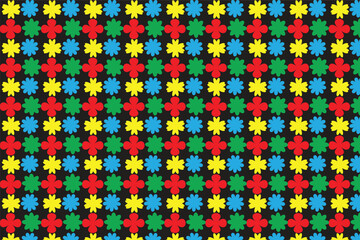 This image features a vibrant, repeating pattern on a black background. It consists of four-pointed star shapes in bright red, yellow, green, and blue. The stars are arranged in a grid, creating 